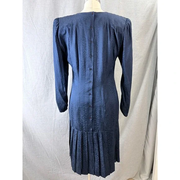 Argenti Vintage 80s Silk Leopard Jacquard Drop Waist Dress Navy 10 Dark Academia - Picture 2 of 8